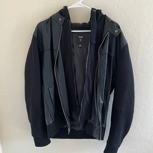 Guess Men’s Medium Black Faux Leather Jacket with Hood
